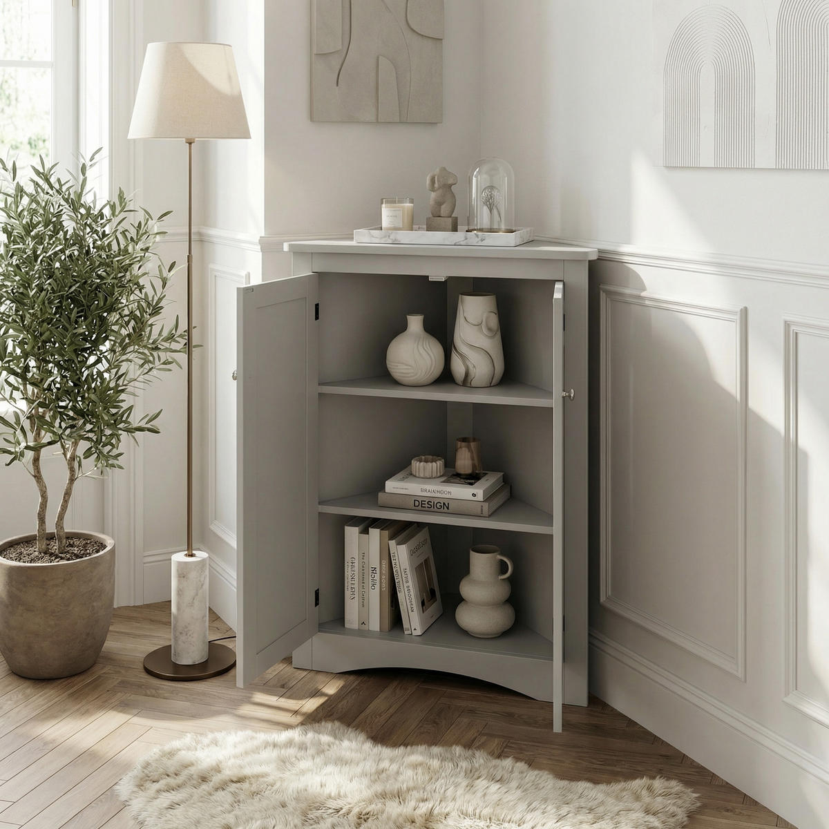 ECKSCHRANK In Grau 90 cm mit 2 Türen & 3 Ebenen - Grau, Holzwerkstoff (61/90/34cm) - Urban Meuble