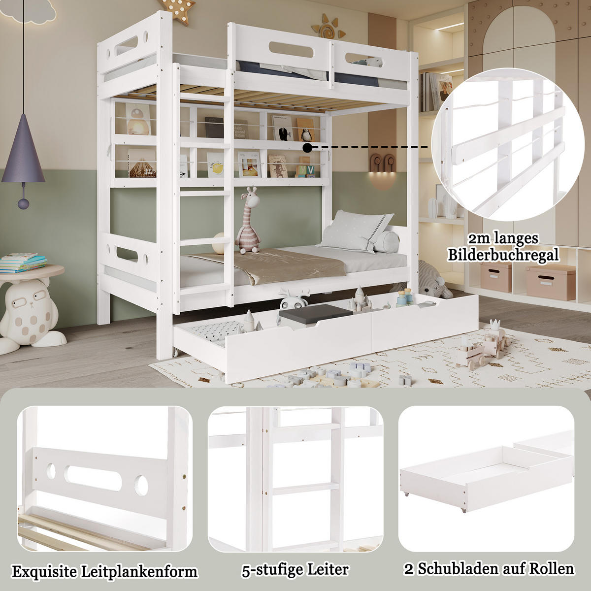 ETAGENBETT 90x200 cm Schubladen Regal weiß - Weiß, Holz (90/200cm) - LEBENLANG