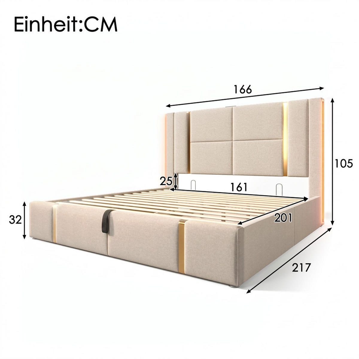 POLSTERBETT 160/200 cm Beige mit USB Type C Ladefunktion und APP-Control LED, Ohne Matratze - Beige, Holz/Textil (160/200cm) - Oxeza
