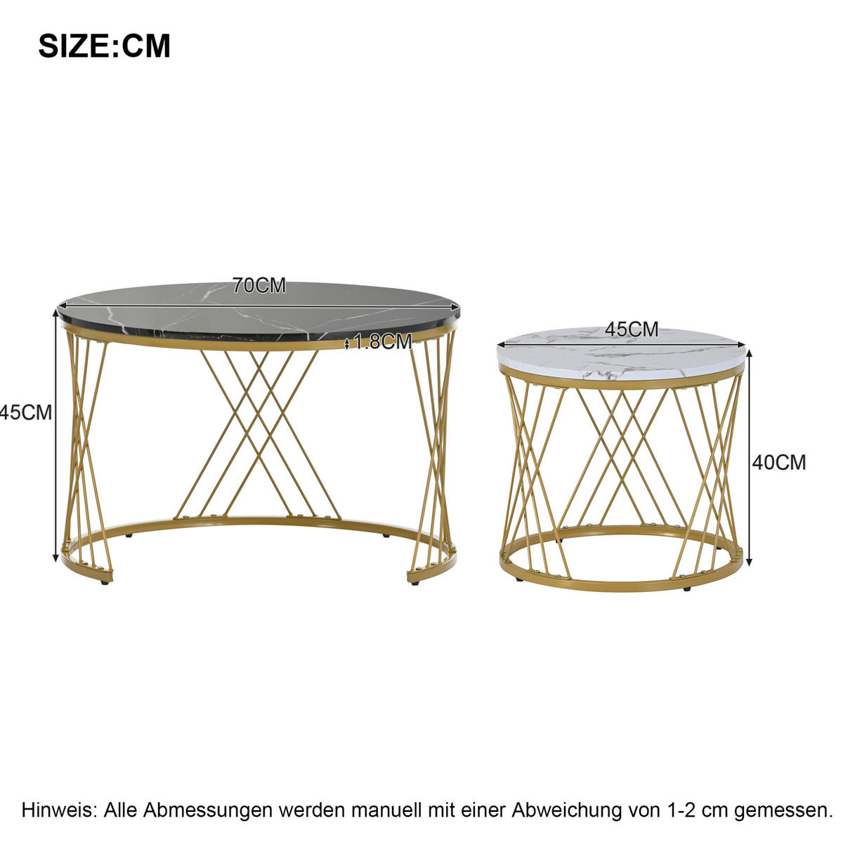 COUCHTISCH-SET 70/70/45 & 45/45/40 cm mit Marmordekor und Goldgestell - Schwarz, Holzwerkstoff (70/70/45cm) - Flora Grace
