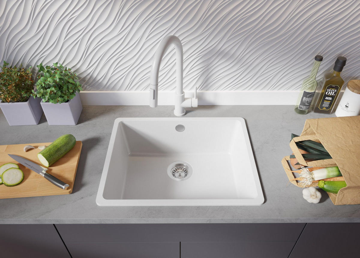 GRANITSPÜLE Venedig Slim Easy, 2-er set Weiß 56/44 cm 1 Becken + Küchenarmatur 32/20 cm + Ablauf-Set ab 60er Unterschrank - Chromfarben/Weiß, Kunststoff (56/20/44cm) - Primagran