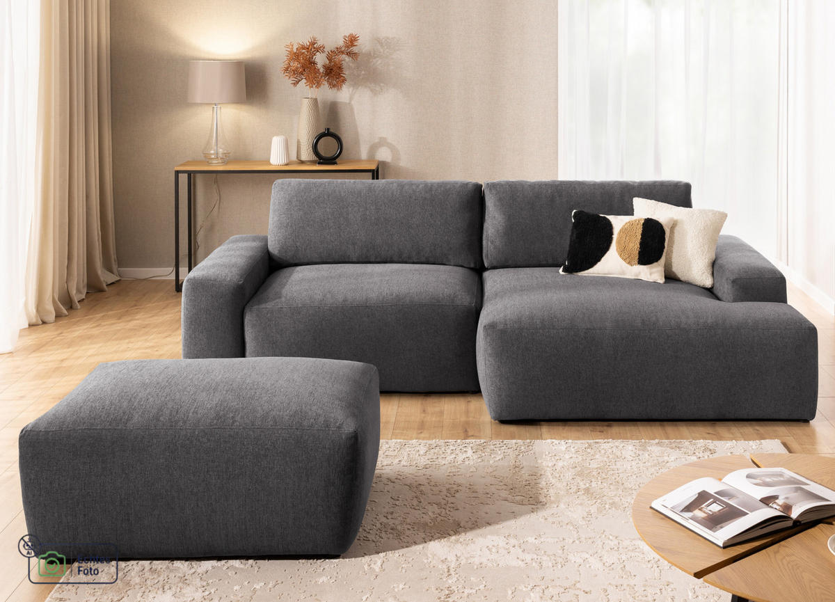 ECKSOFA inkl. Hocker Lennon aus Graphit Strukturstoff mit Schlaffunktion und Bettkasten - Graphitfarben/Schwarz, Holz/Kunststoff (264/137cm) - S-Style