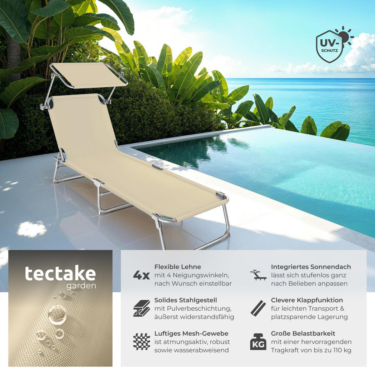 GARTENLIEGE 2er Set, 190 x 68 x 28 cm,beige - Beige, Kunststoff (68/28/190cm) - tectake