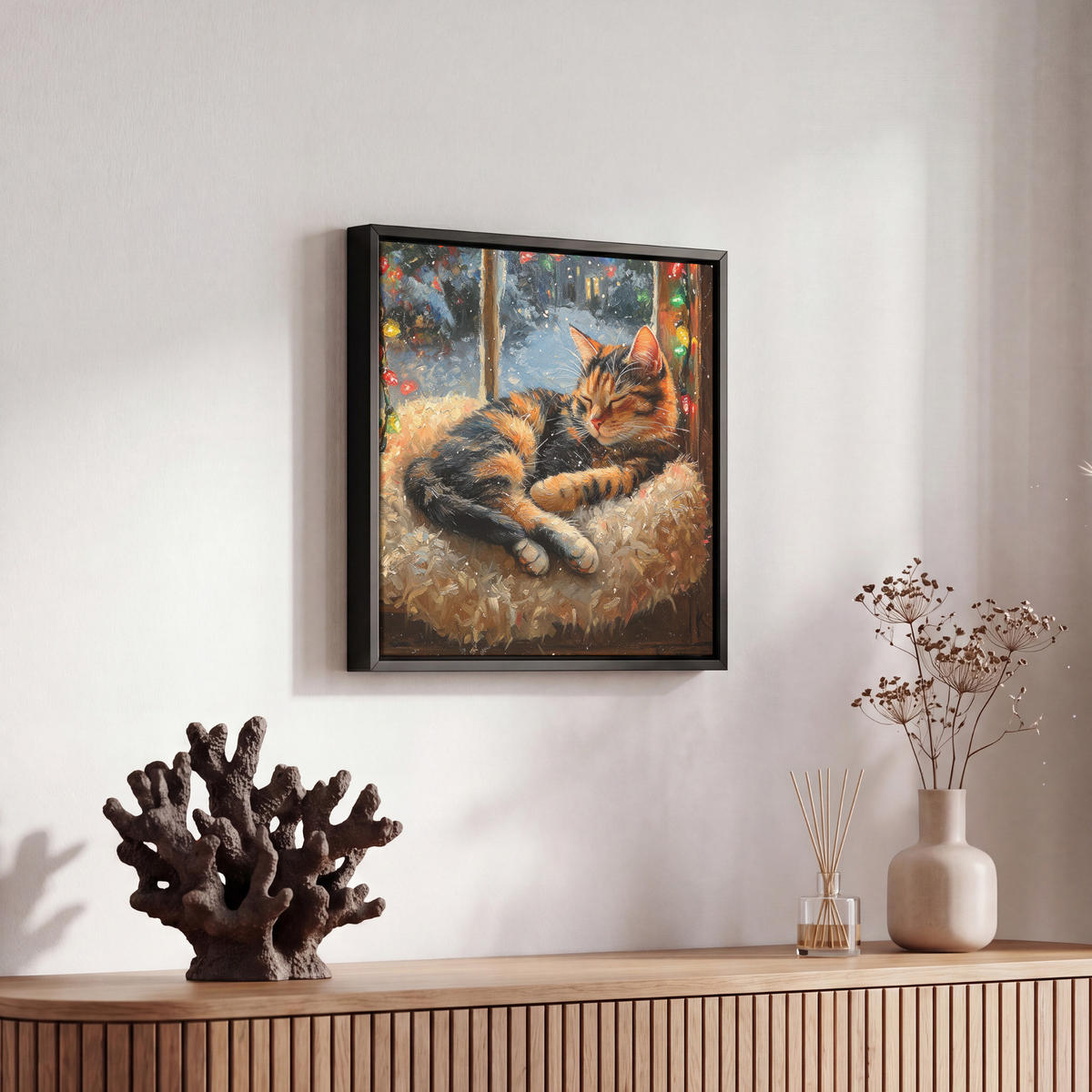 LEINWAND Bilder mit Rahmen - Katze - Weihnachten - Winter - Tier - 20x20 - Bernsteinfarben, Textil (20/20cm) - MuchoWow