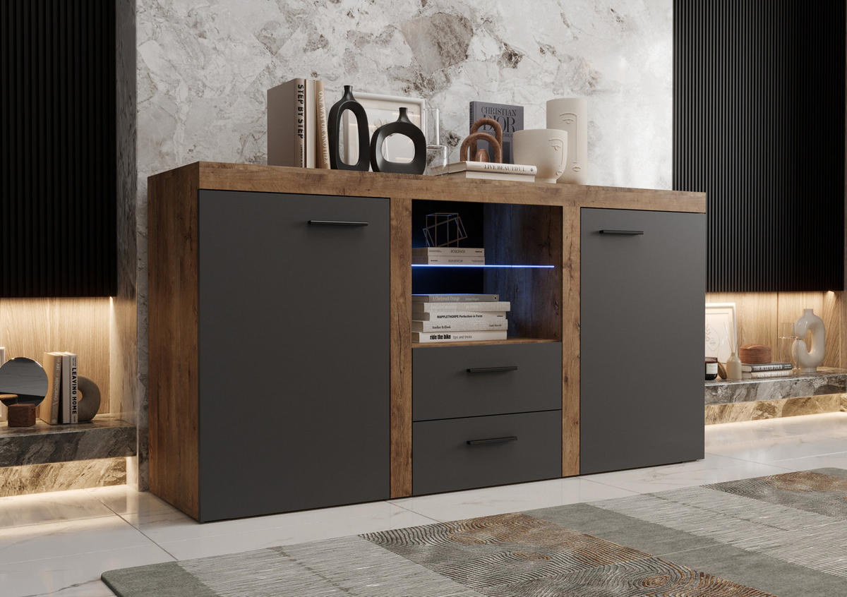 KOMMODE London LRK mit 2 Türen, Sideboard in Farbe: Dunkelgrau|Braun, Größe: 156 x 82 x 40 cm - Dunkelgrau/Braun, Holzwerkstoff (156/82/40cm) - O-Sofa