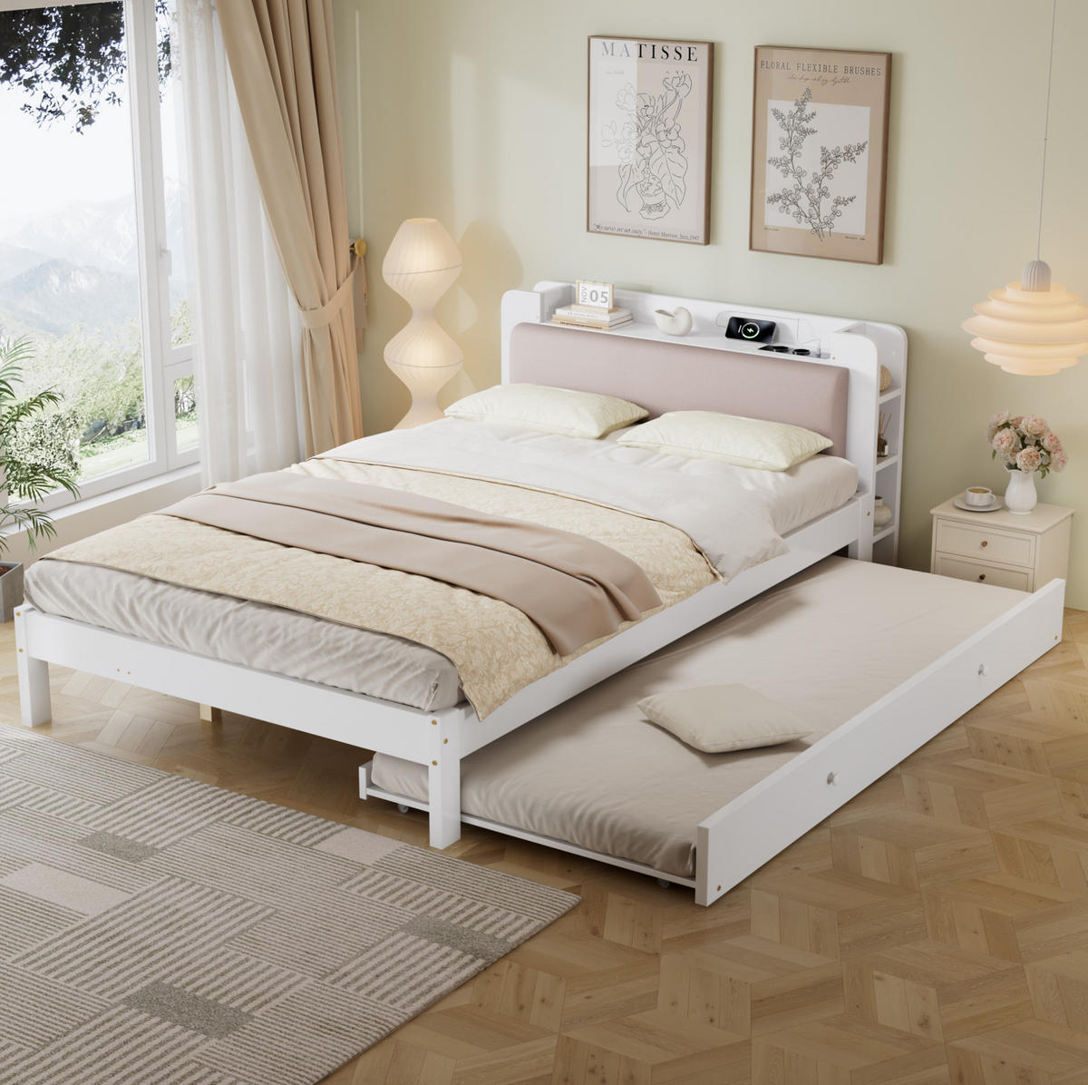 FUNKTIONSBETT aus Kiefer und MDF 120x200 cm Weiß mit Ausziehbett 90x190 cm und Ladestation - Weiß, Holz (120/200cm) - IVMEU