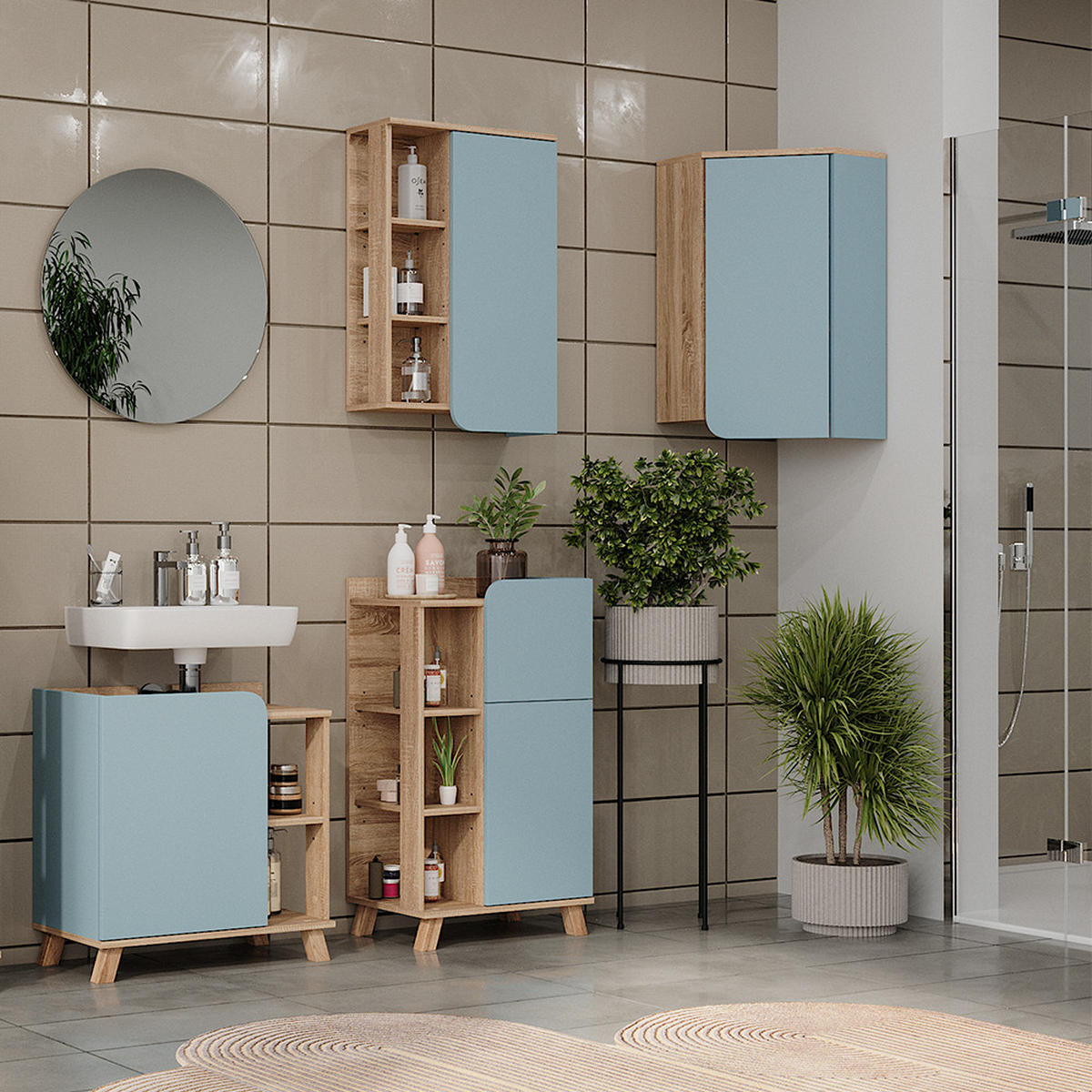 BADSCHRANK Karen Blau-Grau 42.4 x 75 cm mit Tür und offenen Fächern - Dunkelblau/Sonoma Eiche, Holzwerkstoff (42.4/75/42.4cm) - Vicco
