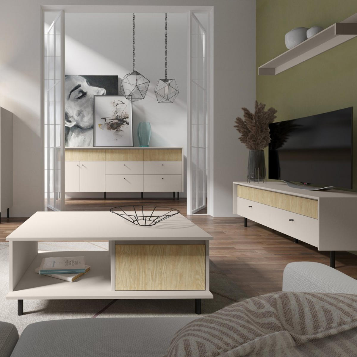 VITRINE Monako mit 2 Schubalden und 3 Türen, Beige Sand - Eichefarben/Beige, Holzwerkstoff/Metall (103/125/42cm) - Beautysofa