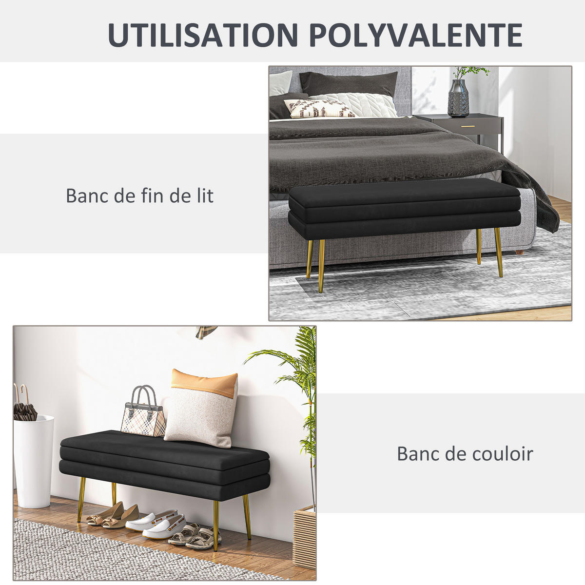 TRUHENBANK DE-16418 2-in-1 mit Stauraum und Samtbezug Schwarz/Gold - Schwarz, Textil (100/42/37.5cm) - ComfortXL
