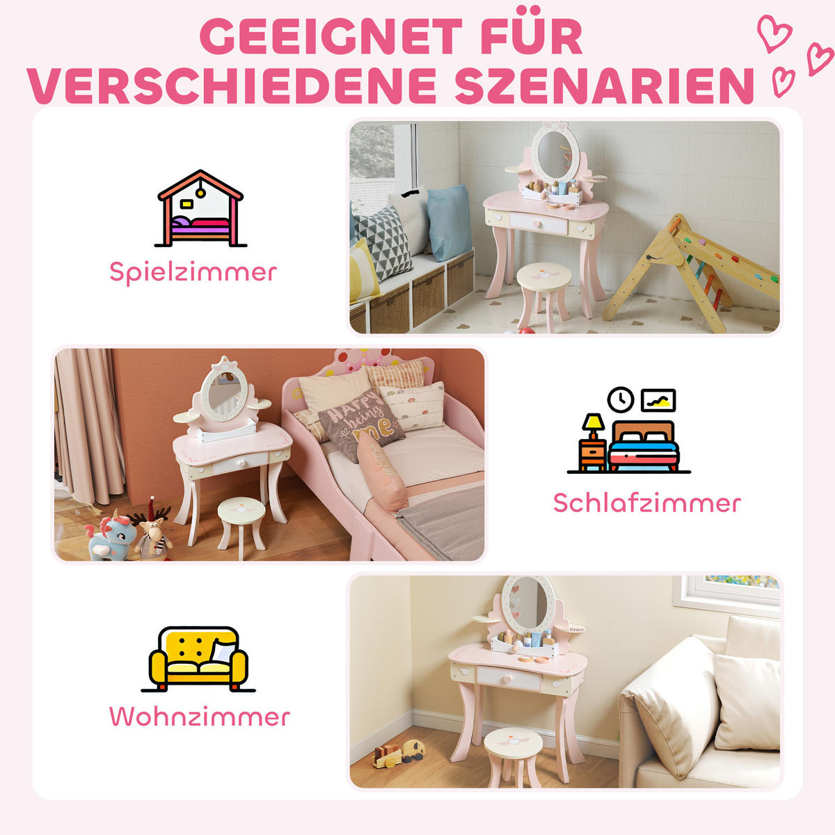 SCHMINKTISCH DE-10496 2-in-1 mit abnehmbarem Spiegel Rosa - Pink, Holzwerkstoff (59.8/89.8/29.6cm) - ComfortXL