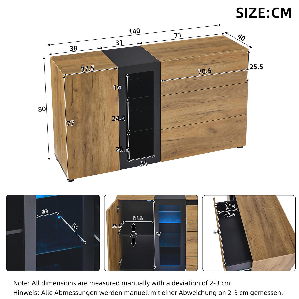 SIDEBOARD Glas 3 Schubladen 140cm Modern Stauraum Anrichte - Multicolor, Holzwerkstoff (40/80/140cm) - FLIEKS