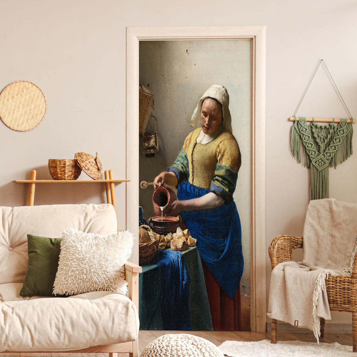 NÁLEPKA NA DVERE Dojička - Johannes Vermeer 80x215 cm - tmavomodrá, plast (80/0.1cm) - MuchoWow