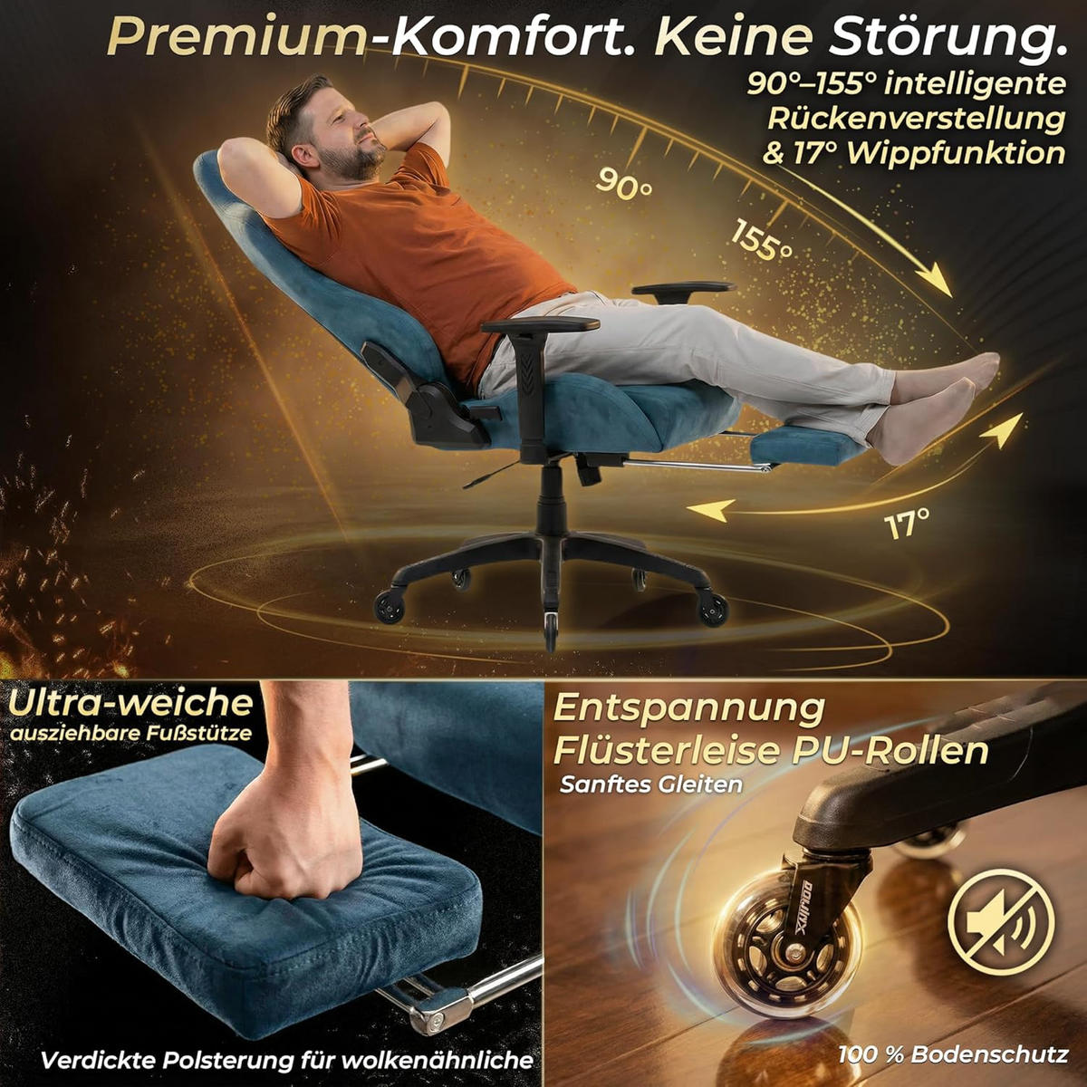 GAMING-STUHL Mikrofaser-Velours Verstellbarer Bürostuhl mit Fußstütze - Blau, Leder (70/128/70cm)