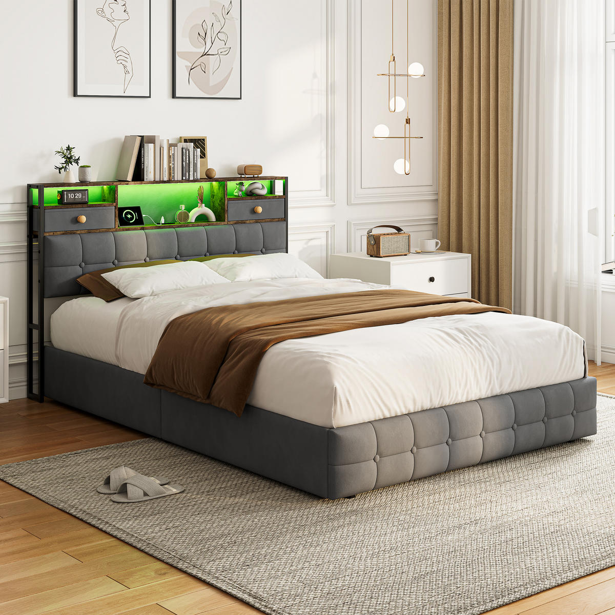 POLSTERBETT 140/200 cm Grau aus Samt,Schubladenbett mit LED-Beleuchtung - Grau, Holz/Metall (160/200cm) - FURNISHINGS HOME