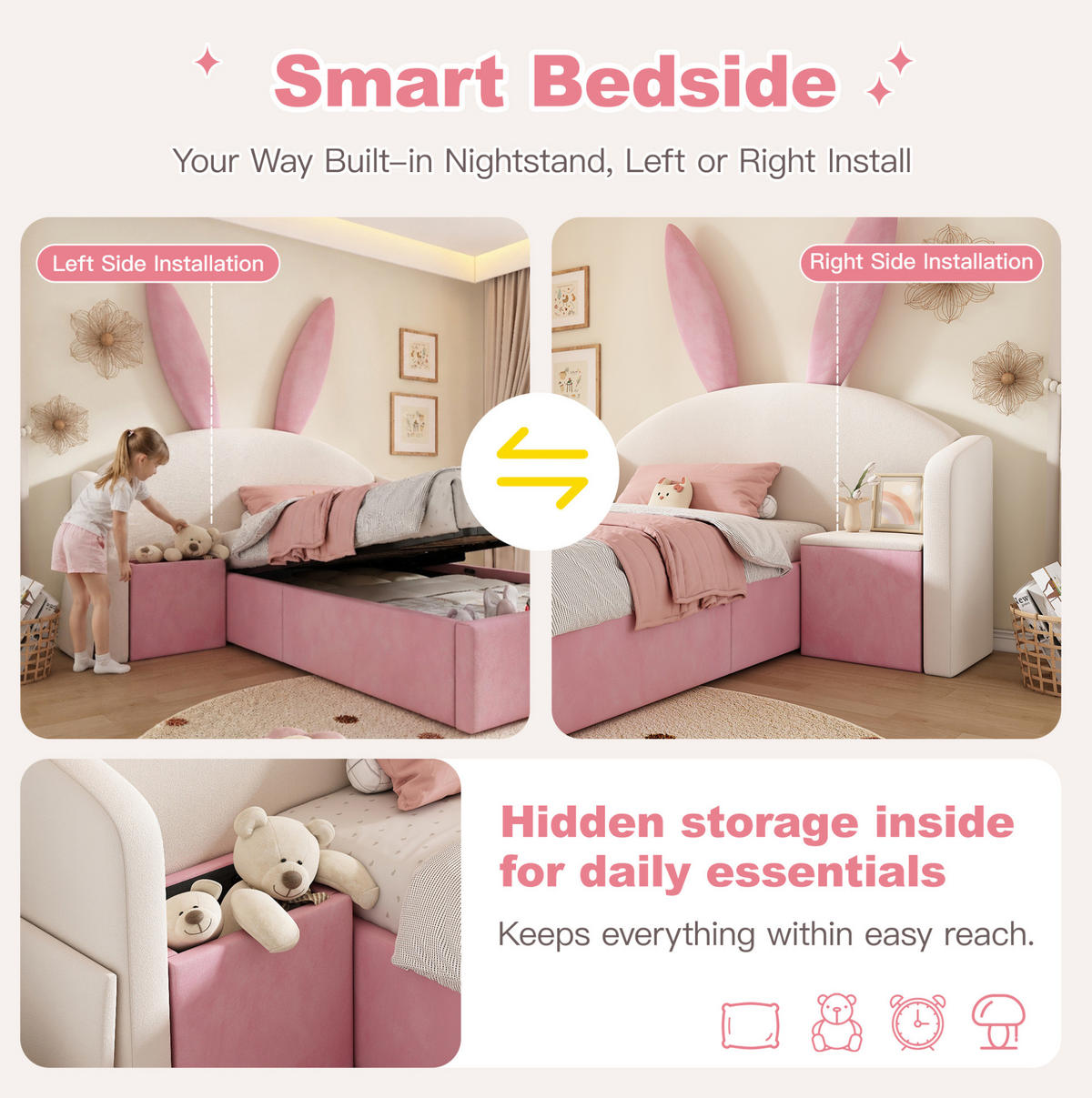 KINDERBETT 90/190 cm, Beige & Rosa mit Hasenohren, Nachttisch, ohne Matratze - Pink, Textil (90/190cm) - MIVRAY