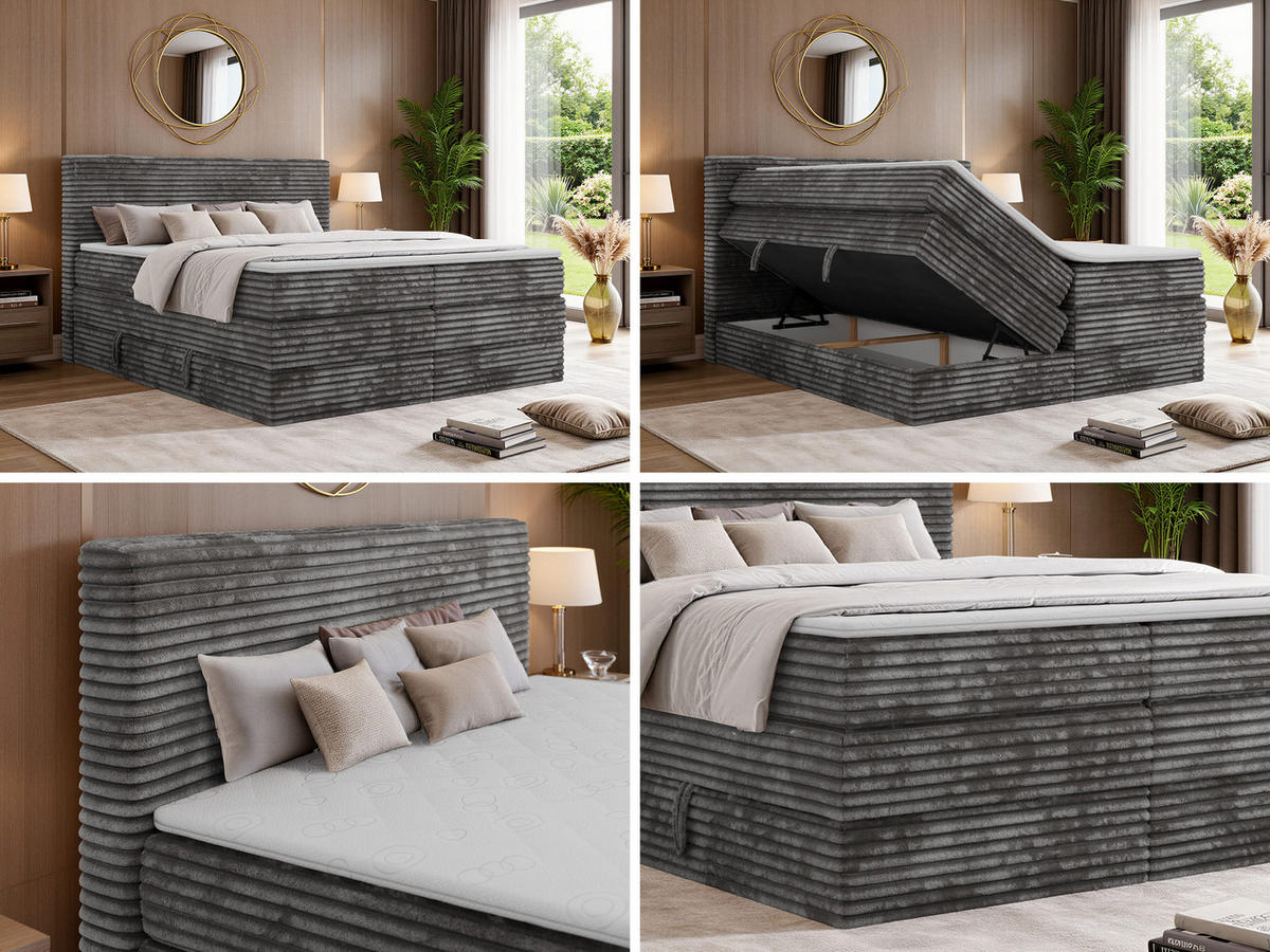 BOXSPRINGBETT TILION KING 160/200 - Grau Cord - Topper T25 - H4 - Schwarz/Grau, Kunststoff/Textil (160/200cm) - MKS