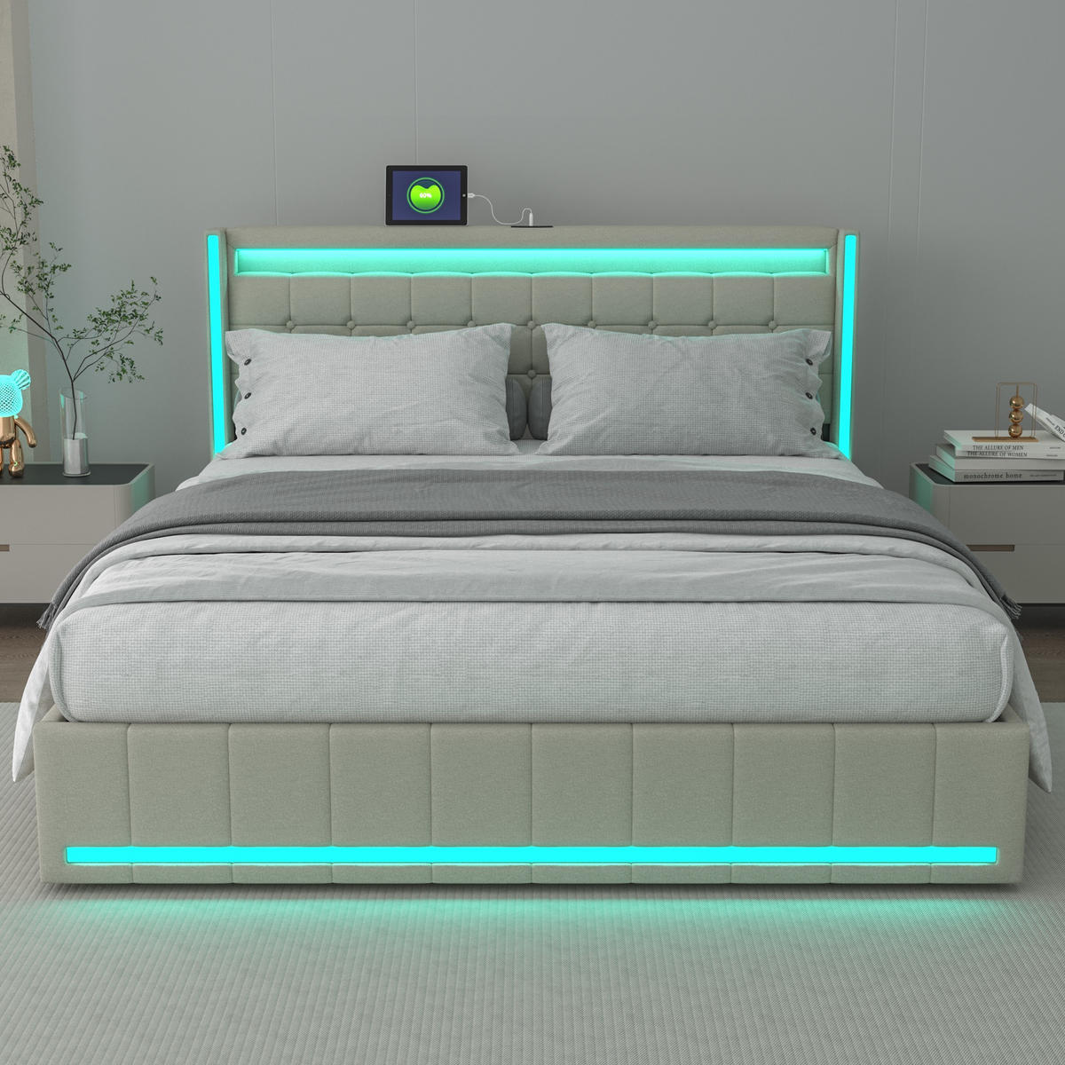 POLSTERBETT 180x200 cm Lumina Smart mit 3-Zonen RGB-LED, USB & USB-C, 4 Schubladen, Leinen-Optik, Beige - Beige, Textil (180/200cm) - DELFA