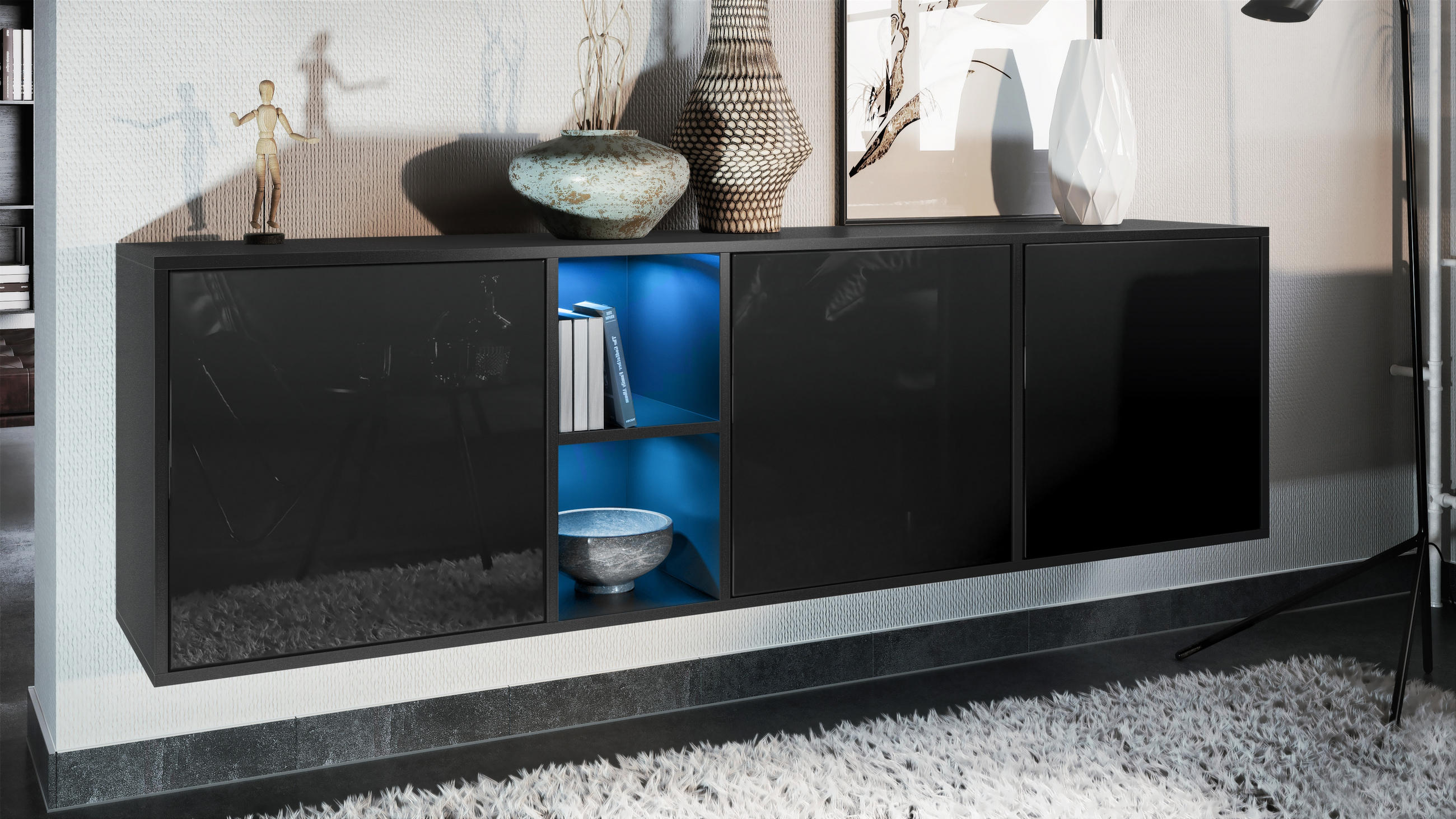 SIDEBOARD Cuba Türen in Schwarz Hochglanz - Schwarz Hochglanz, Holzwerkstoff (182/53/35cm) - Vladon
