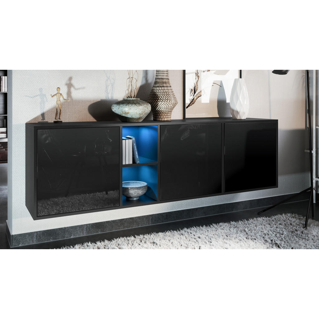 Thumbnail - Vladon Sideboard, Schwarz Hochglanz, Holzwerkstoff, 182x53x35 cm, Wohnzimmer, Kommoden & Sideboards, Sideboards