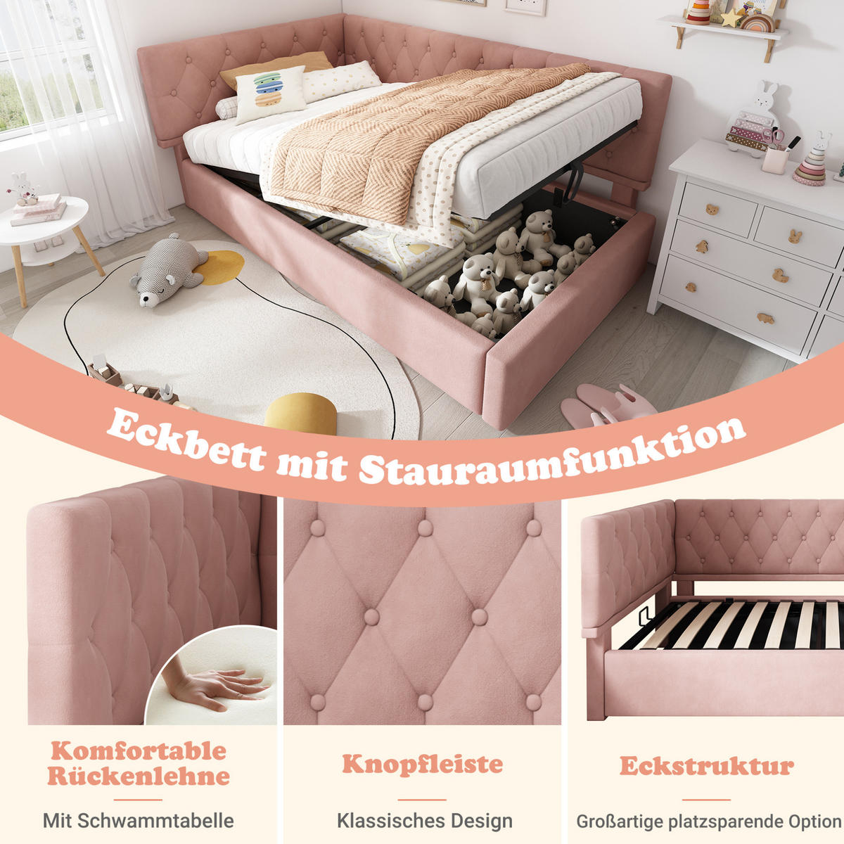 BETT mit hydraulischem Stauraum 90x190 cm Samt Rosa - Pink, Metall (90/190cm) - Beauniv