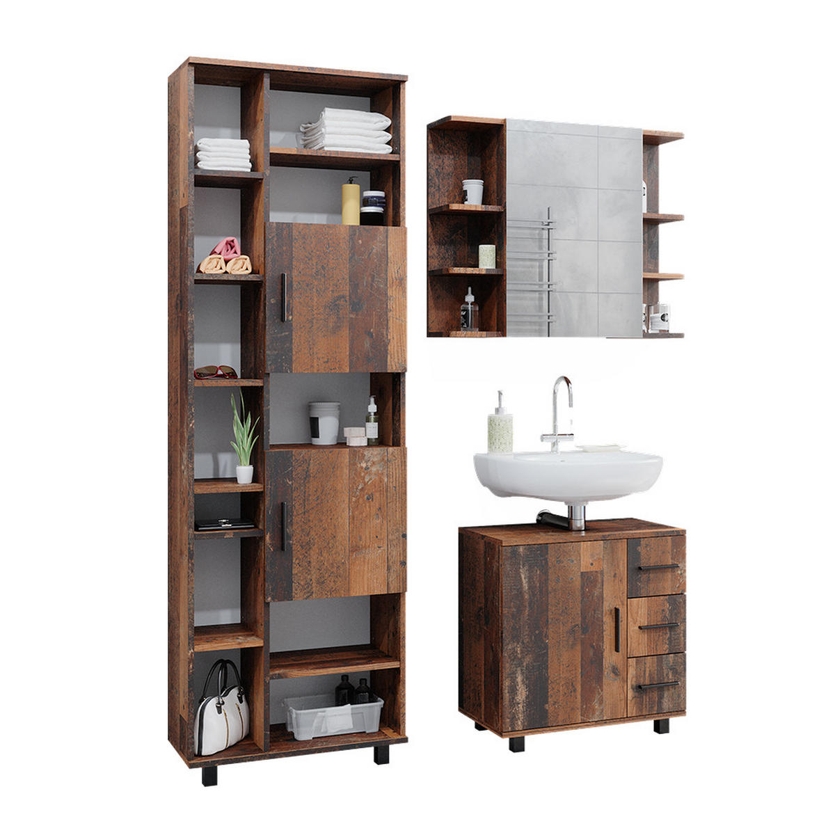 BADMÖBEL-SET Ilias Eiche rustikal 3 Teile, mit Unterschrank 60 cm - Wildeiche, Holzwerkstoff (60/60.8/33cm) - Vicco