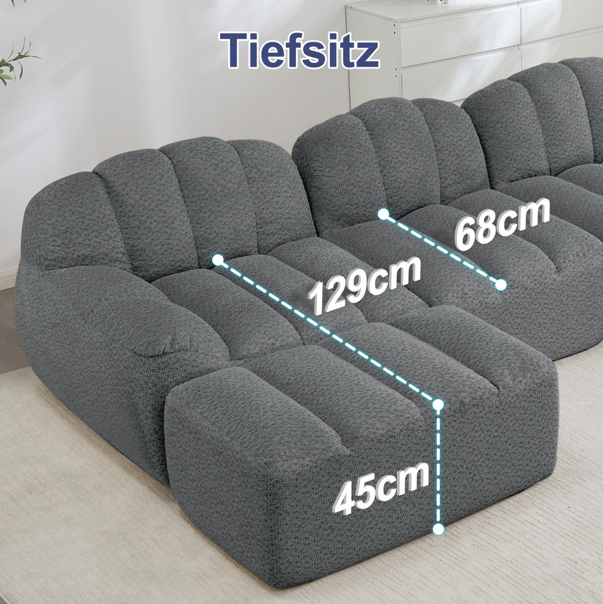 MODULARES Ecksofa mit Ottomane aus granuliertem Fleece Grau 288x165x79 cm, als 3-Sitzer stellbar - Grau, Textil (165/288cm) - IVMEU