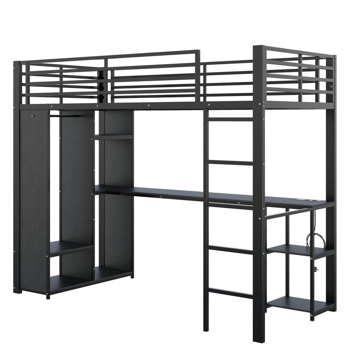 HOCHBETT MDF+Metall 90x200 cm Schwarz mit Schreibtisch, LED-Lichtleiste und offenem Stauraum - Schwarz, Holzwerkstoff (90/200cm) - Modfu