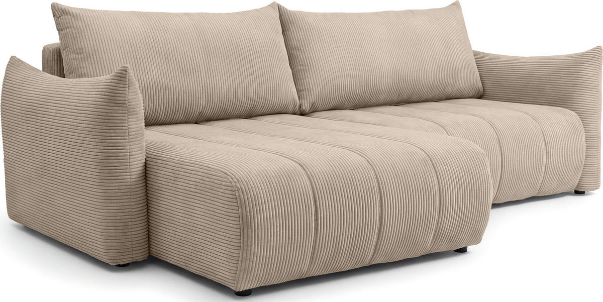 ECKSOFA Liv mit Schlaffunktion & Bettkasten in Cordstoff Beige, Universell 260/154/86 cm - Beige/Schwarz, Kunststoff/Textil (260/154cm) - WFL GROUP