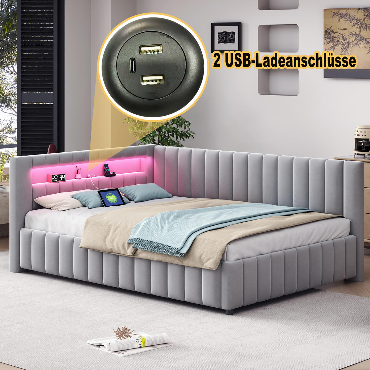 POLSTERBETT 140x200 cm LED USB grau - Grau, Textil (140/200cm) - LEBENLANG