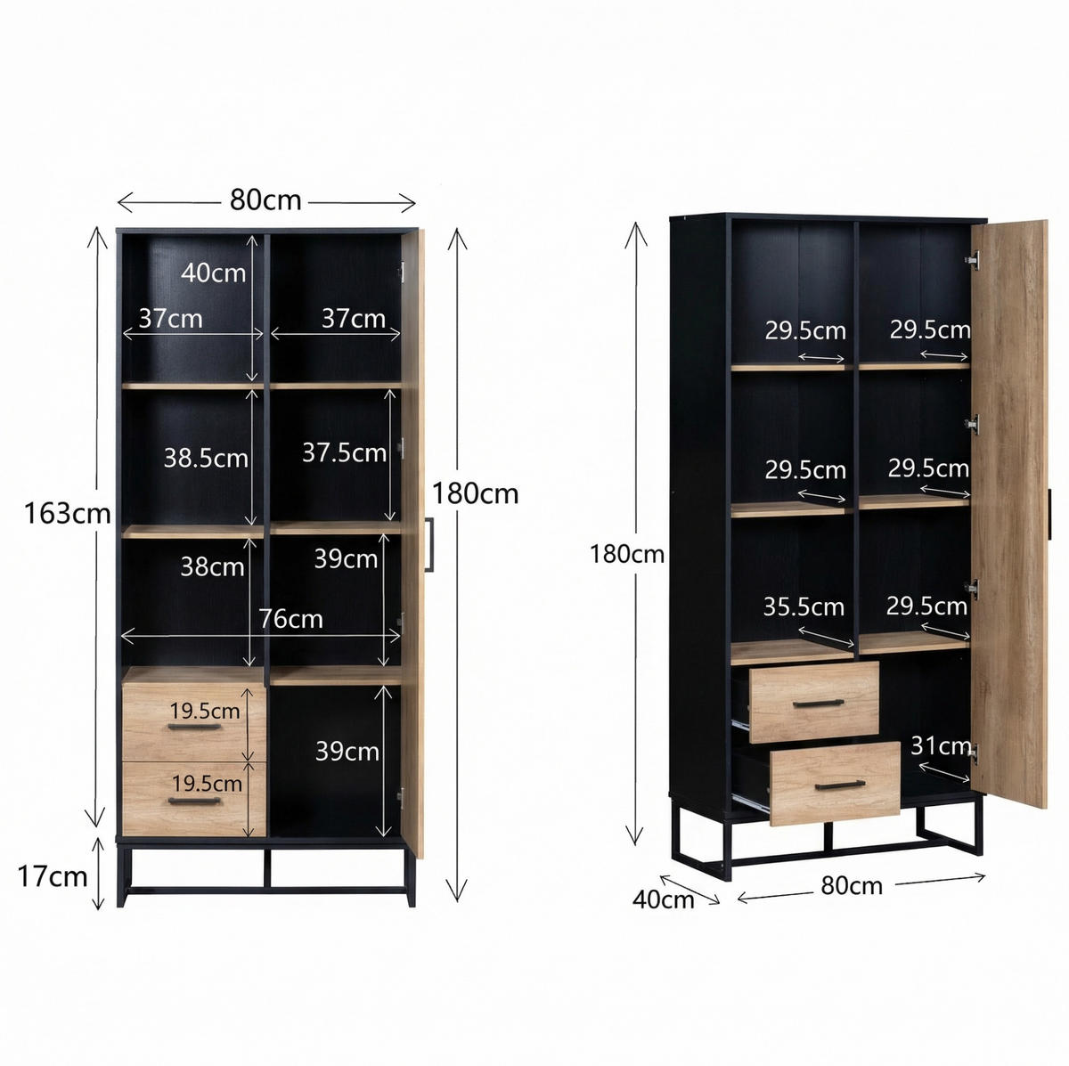 HIGHBOARD 80/180/40 cm Schwarz/Holzfarbe aus MDF mit 2 Schubladen - Schwarz, Holzwerkstoff (40/180/80cm) - OKMYHOME