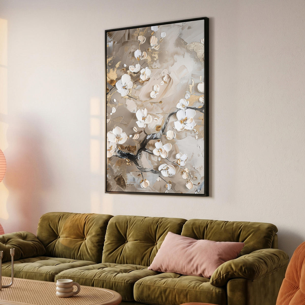 LEINWAND Bilder mit Rahmen - Blumen - Weiß - Gold - Beige - Luxus - 100x150 - Greige, Textil (100/150cm) - MuchoWow