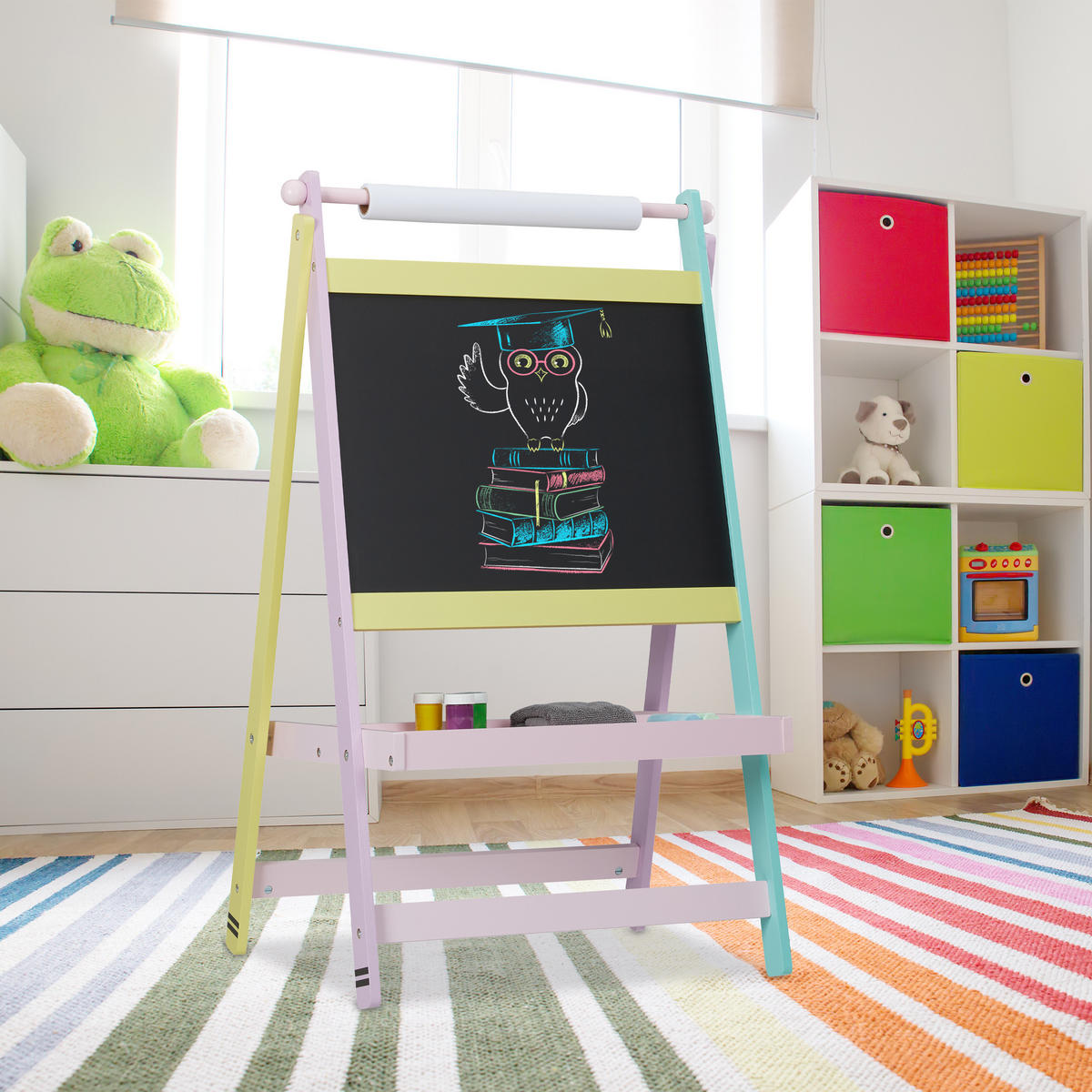 BARNTAFEL Flerfärgad griffeltavla med pappersrulle MDF 90 cm - Multicolor, Träbaserade material (56/90/42cm) - Relaxdays