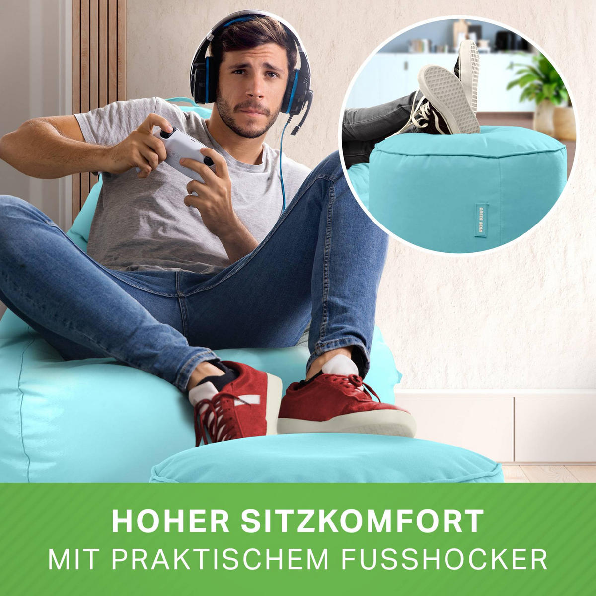 SITZSACK + Hocker "Cozy+Stay" 2er Set - Hellblau, Textil (70/90/80cm) - Green Bean