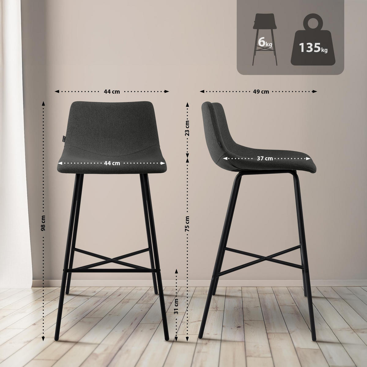 BARHOCKER Stoff Dunkelgrau - Dunkelgrau/Schwarz, Textil/Metall (44/98/49cm) - CLP