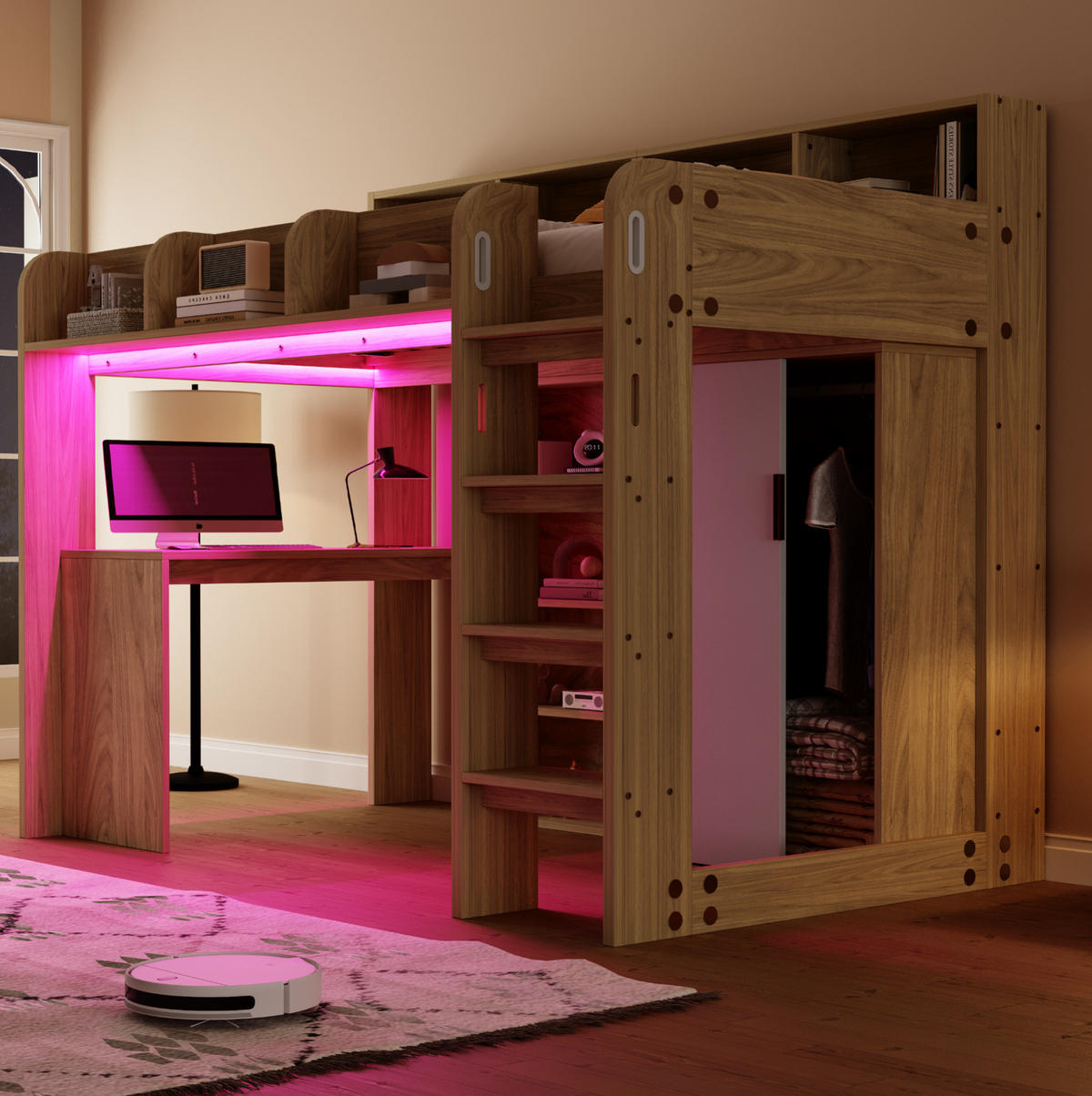 HOCHBETT aus MDF, Spanplatte und Sperrholz 90x200 cm Holzfarbe mit Schreibtisch, Kleiderschrank, LED-Beleuchtung und Steckdose - Naturfarben, Holzwerkstoff (90/200cm) - Modfu
