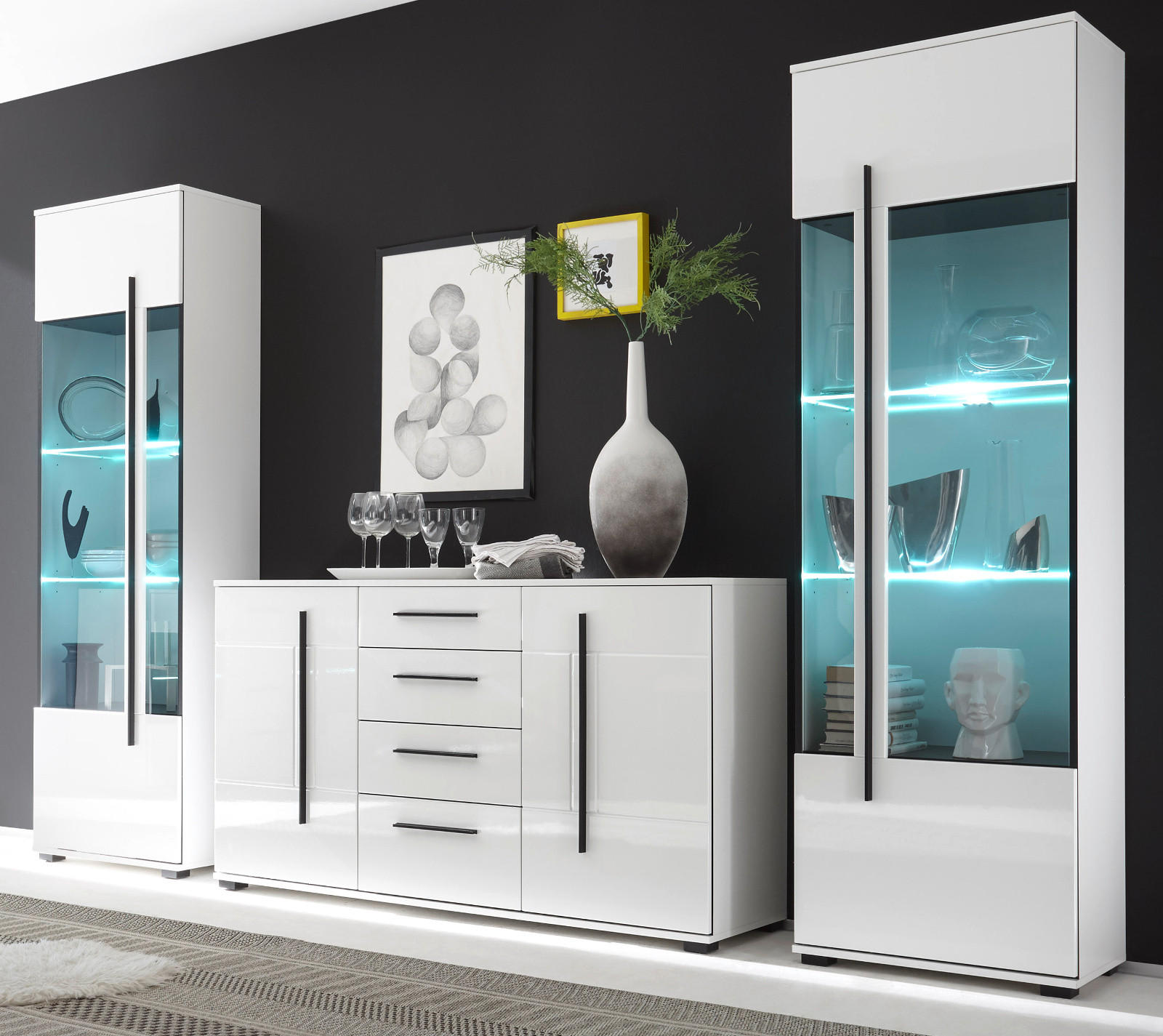 WOHNWAND weiß Hochglanz 3-teilig 290 cm, Anbauwand mit Soft-Close - Weiß Hochglanz/Schwarz, Glas/Holzwerkstoff (290/200/42cm) - Furn.Design