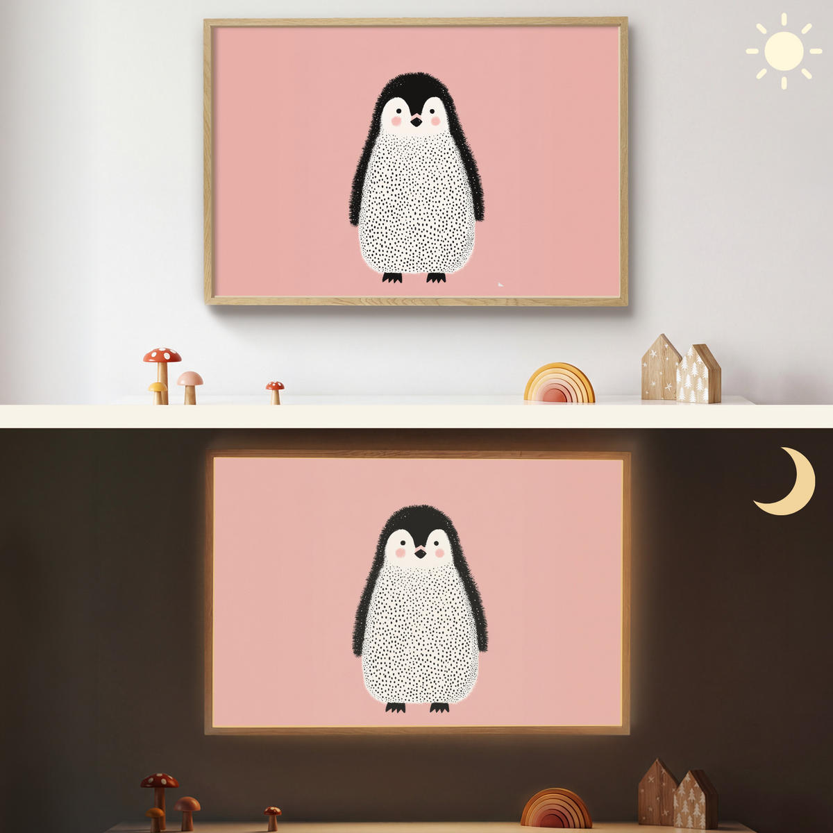 NÁSTĚNNÁ LAMPA S AKUMULÁTOREM Tučňák - Tečky - Minimalistický - Růžový 100x70 cm - růžová, kompozitní dřevo (100/70/8cm) - OnlyWow