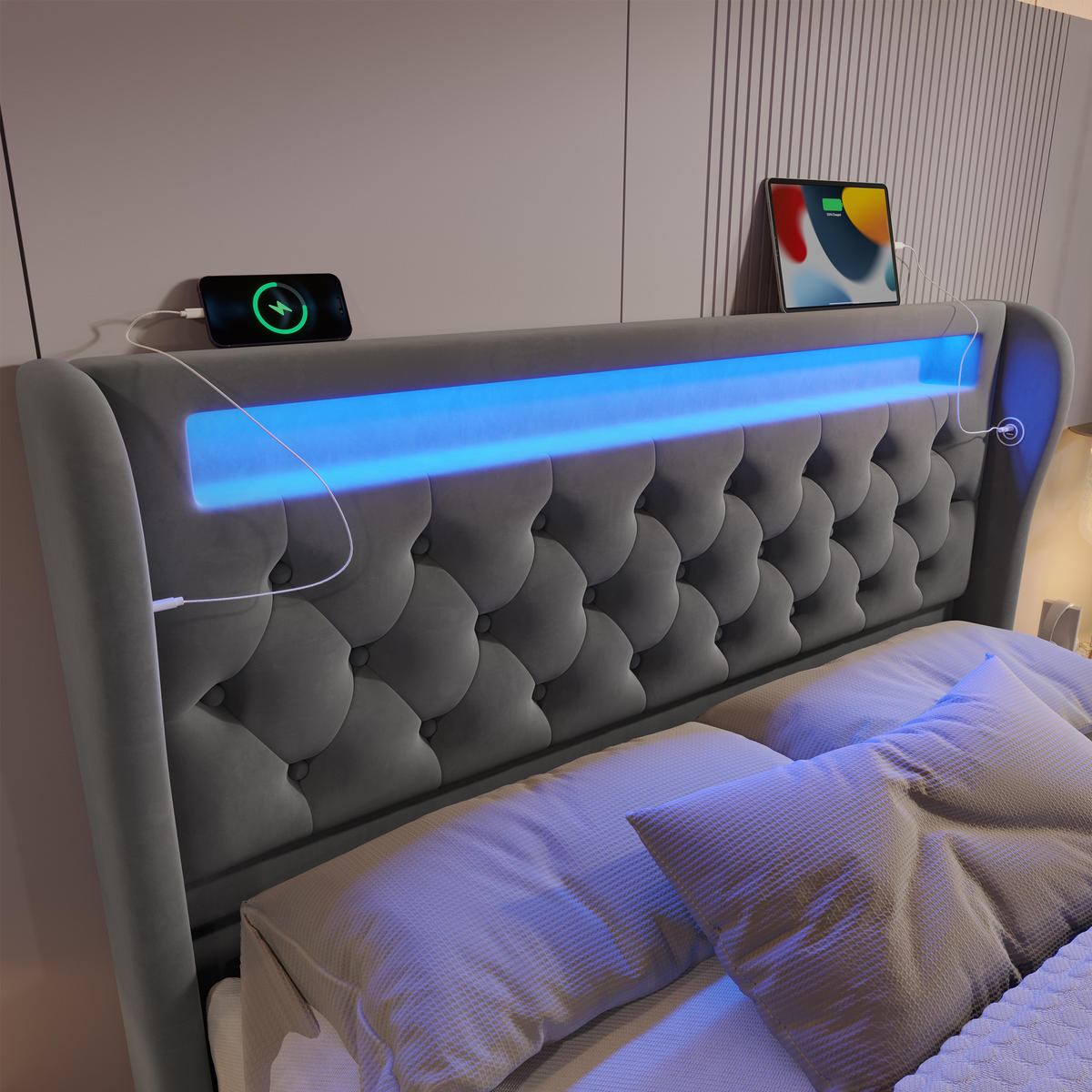 POLSTERBETT 140/200 cm Grau mit LED-Beleuchtung, Stauraum und USB-Anschlüssen - Grau, Textil (140/200cm) - OKWISH