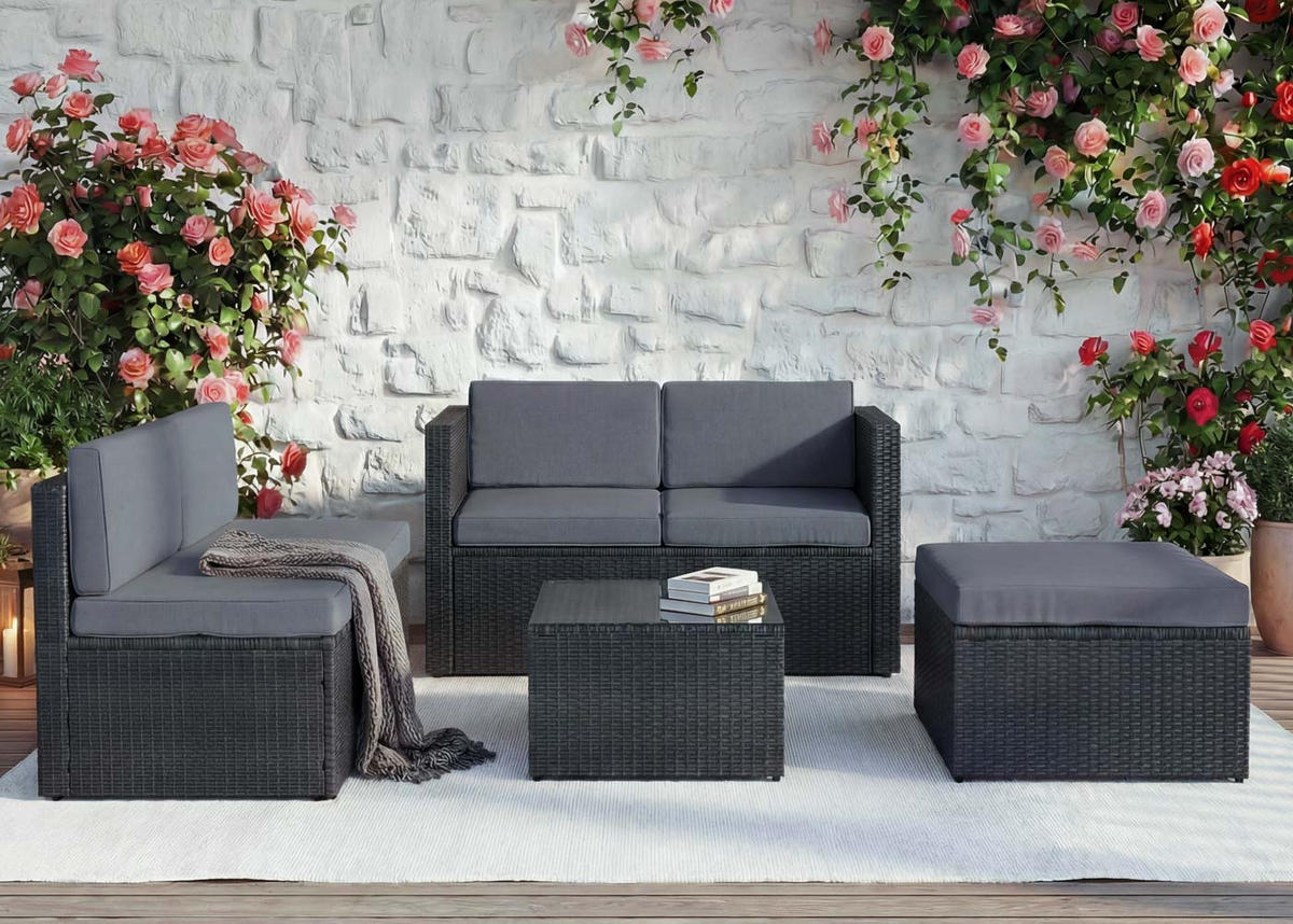 POLY-RATTAN-GARNITUR Anthrazit, Grau - Anthrazit/Grau, Kunststoff - MCW