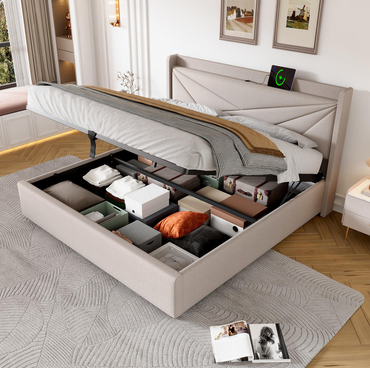 POLSTERBETT 140/200 cm aus Baumwoll-Leinen-Mix mit Bettkasten und USB-C Beige - Beige, Textil (140/200cm) - Modenvie