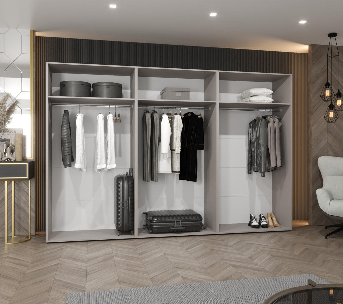 DREHTÜRENSCHRANK 202/300/52 6-türig - Beige/Goldfarben, Holz/Metall (300/202/52cm) - Abiks Möbel