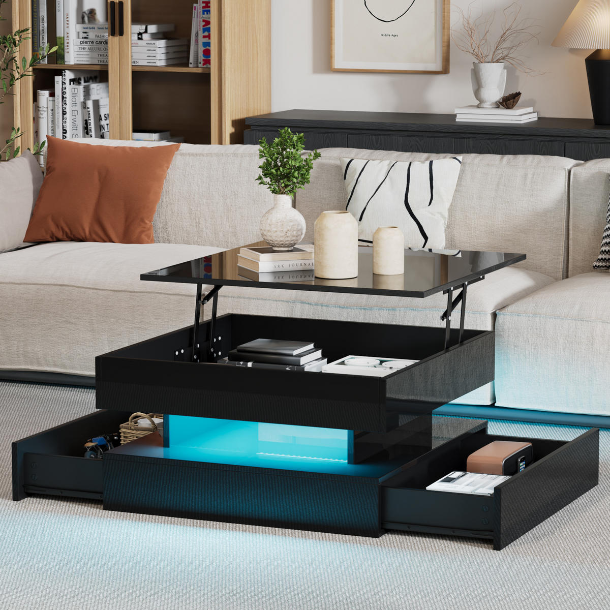 COUCHTISCH 65x65x38,5cm -höhenverstellbar Schwarz mit LED-Licht und Stauraum - Schwarz, Holz (76.84/75.18/19.69cm) - Raelunyi