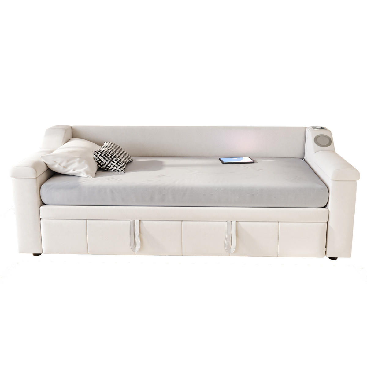 SCHLAFSOFA 90/190 cm beige mit Bluetooth-Stereoanlage und Ablagefächern - Weiß, Textil (90/190cm) - OKWISH