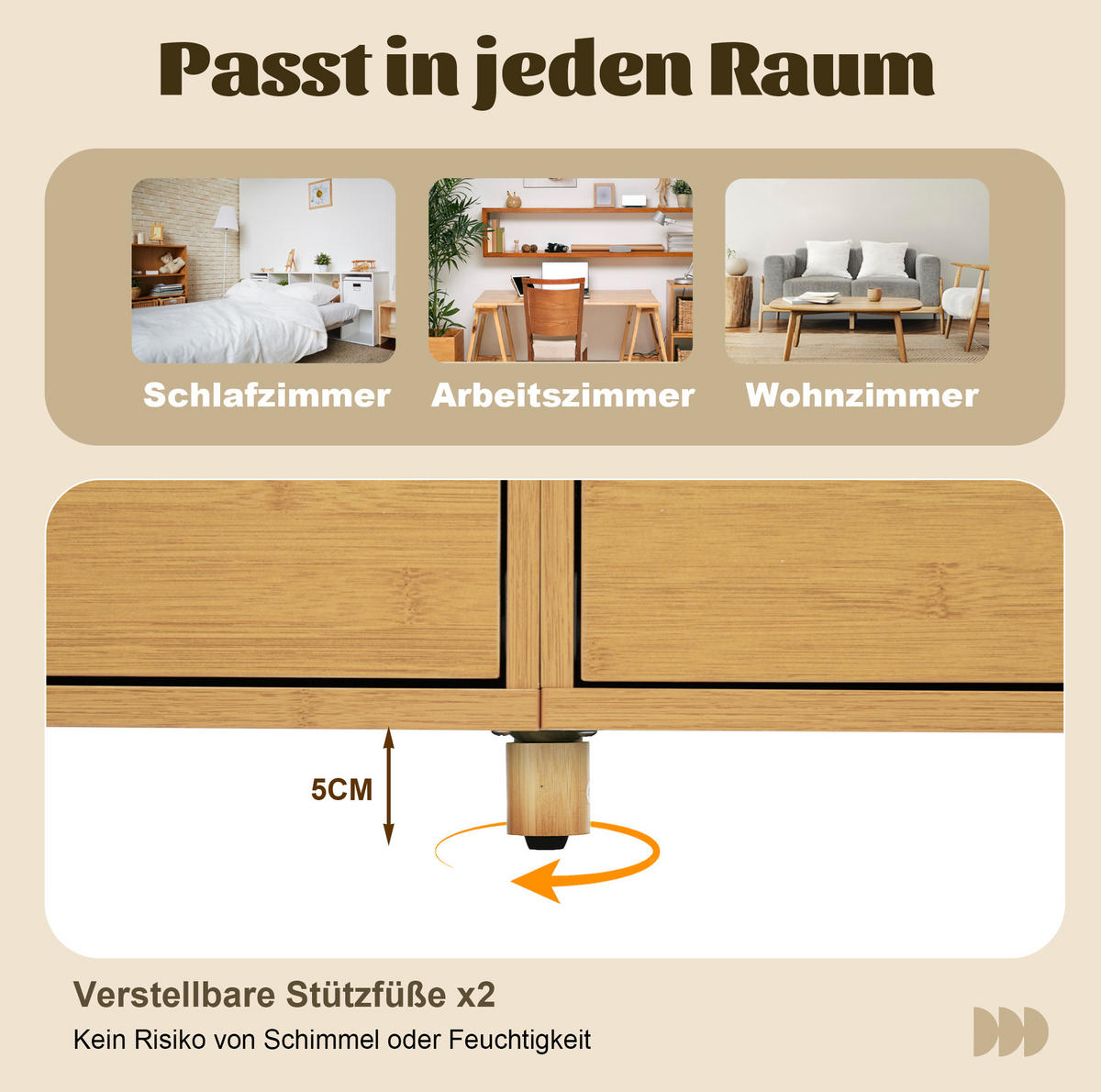 SIDEBOARD aus MDF und Bambus 40x160x75 cm Eiche mit 6 Schubladen und offenen Regalen - Naturfarben, Holzwerkstoff (160/75/40cm) - IVMEU