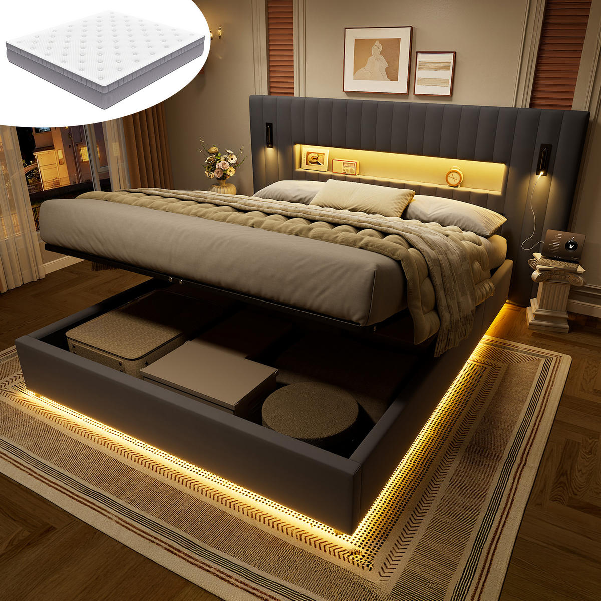 ČALOUNĚNÁ POSTEL 140 × 200 cm s matrací, úložným prostorem, lampičkou na čtení a USB, šedá, sametový potah - šedá, kov/kompozitní dřevo (180/200cm) - STILVORA