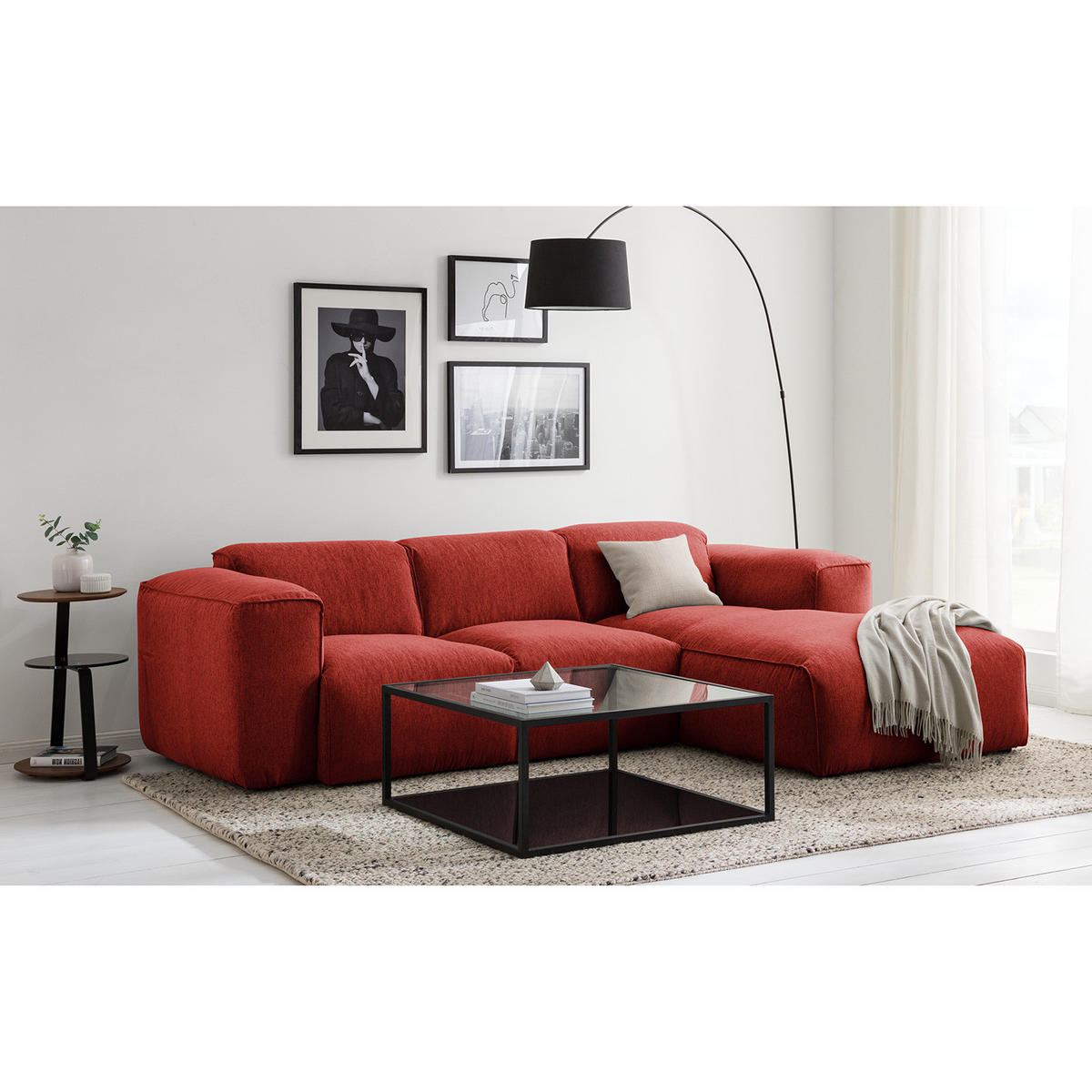 3-SITZER ECKSOFA mit Longchair - Rot/Schwarz, Kunststoff/Textil (251/173cm) - home24