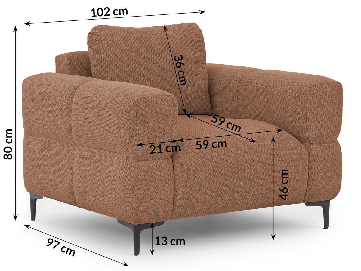 SESSEL Cardea in Bubble-Optik aus weichem Terrakotta Strukturstoff mit hohem Sitzkomfort - Terracotta/Schwarz, Holz/Textil (102/80/97cm) - S-Style Möbel