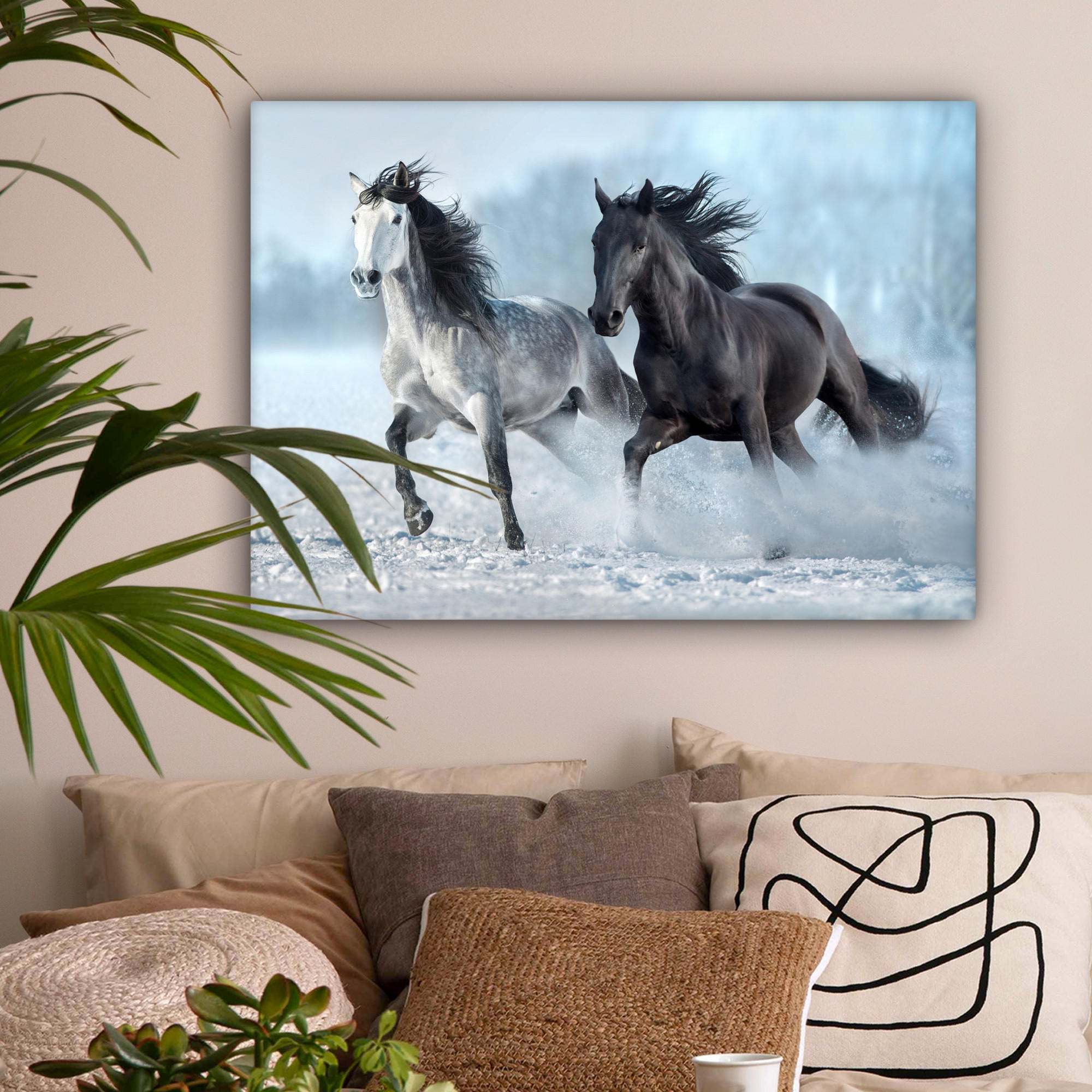LEINWANDBILD Pferde - Winter - Tiere - Natur - Schnee Wandbilder 80x60 cm - Anthrazit, Textil (80/60cm) - MuchoWow