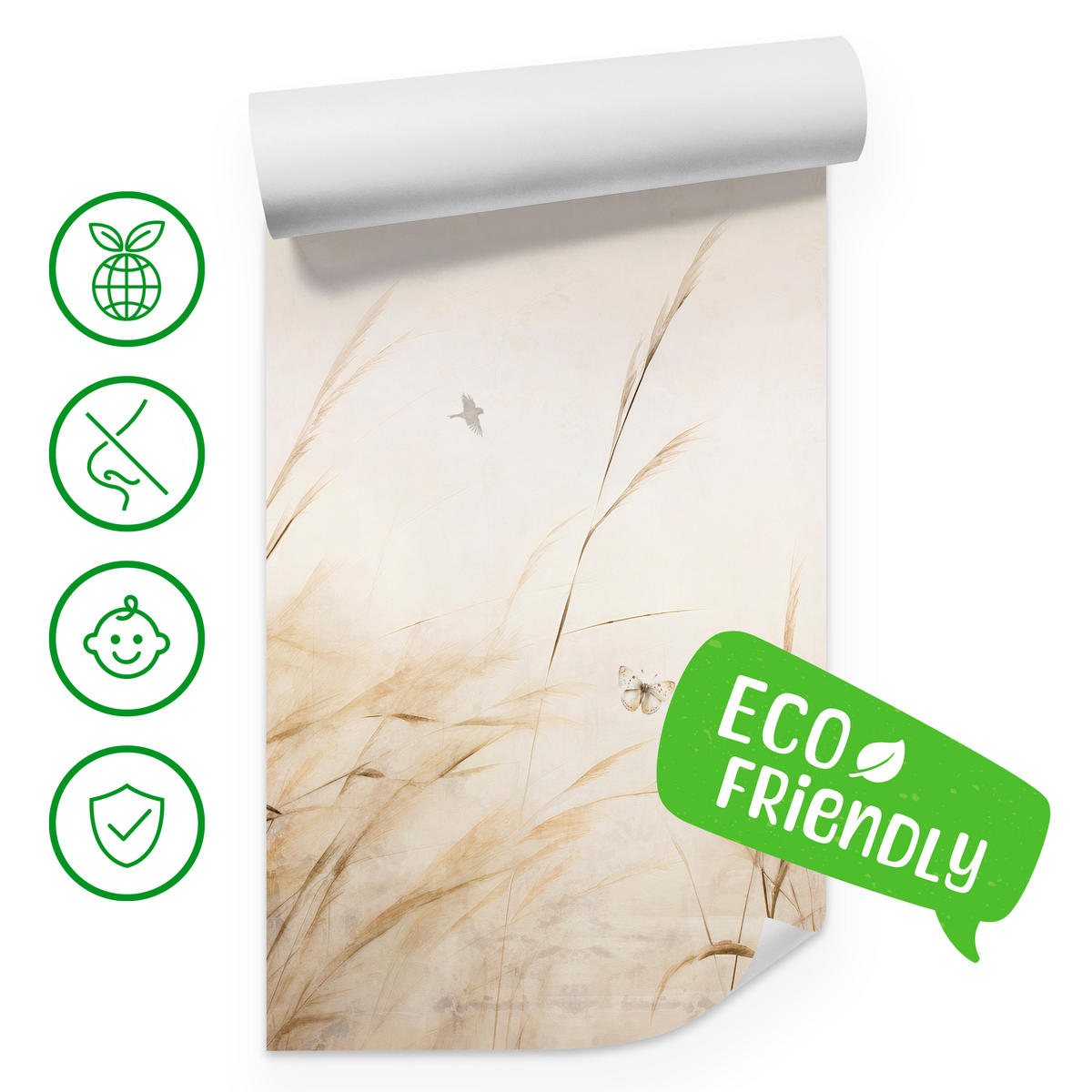 FOTOTAPETE für Schlafzimmer Vögel Storch Hohe Gräser Aquarell 150x105 - Beige/Gelb, Papier (150/105cm) - Muralo