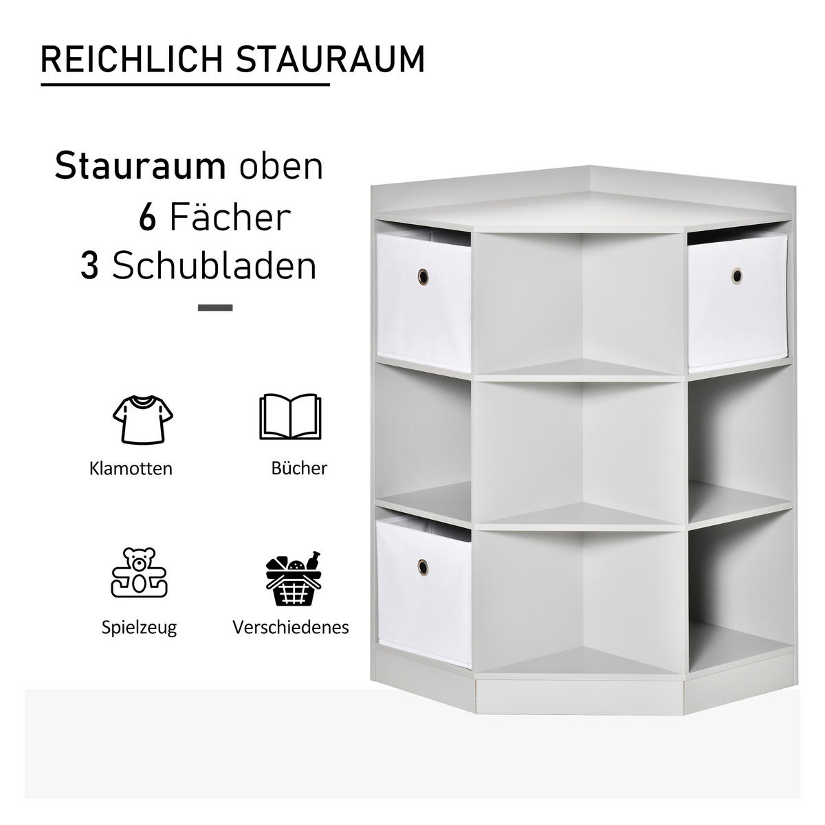 KINDERREGAL Eckregal mit 3 Aufbewahrungsboxen Kinderzimmer Spielzeugablage Grau - Grau, Holzwerkstoff/Textil (57.4/94/57.4cm) - HOMCOM